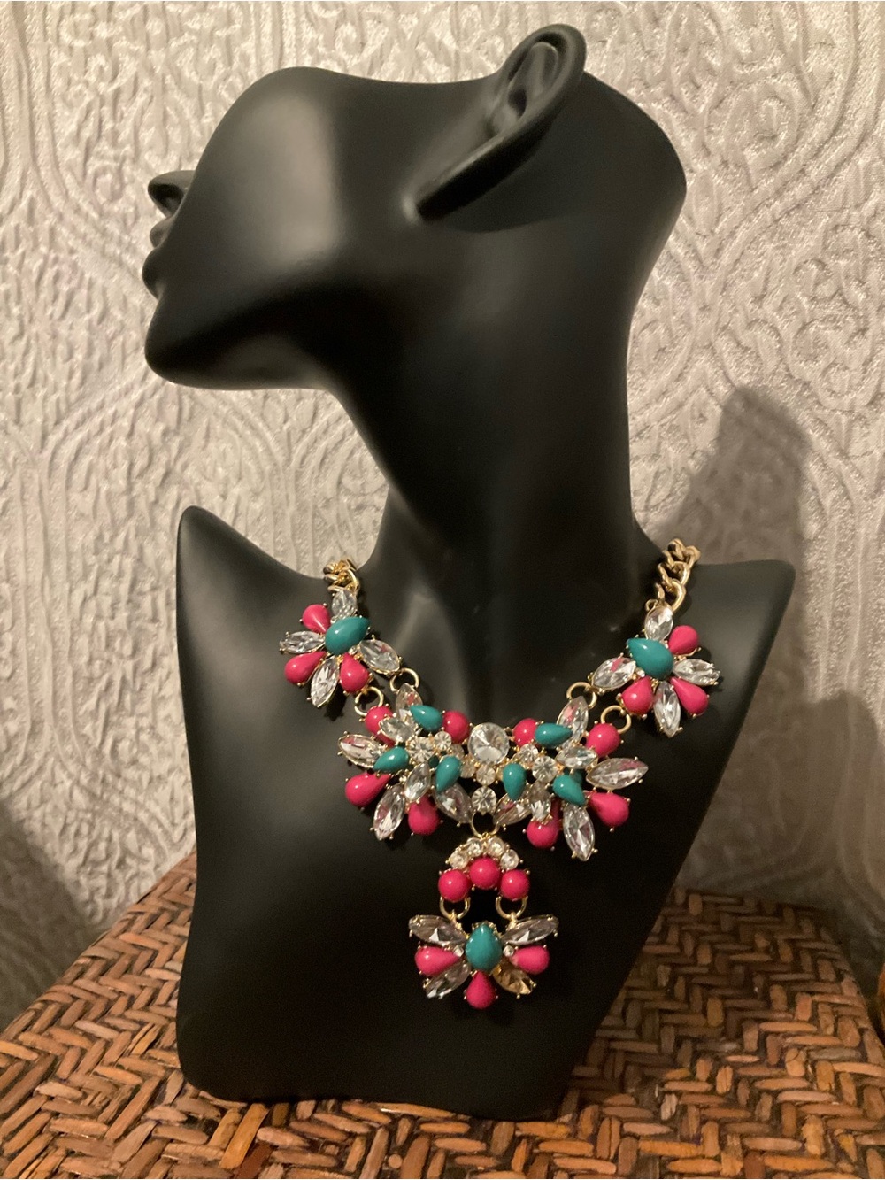 Gold-Tone Statement Necklace with Pink and Teal Accents
